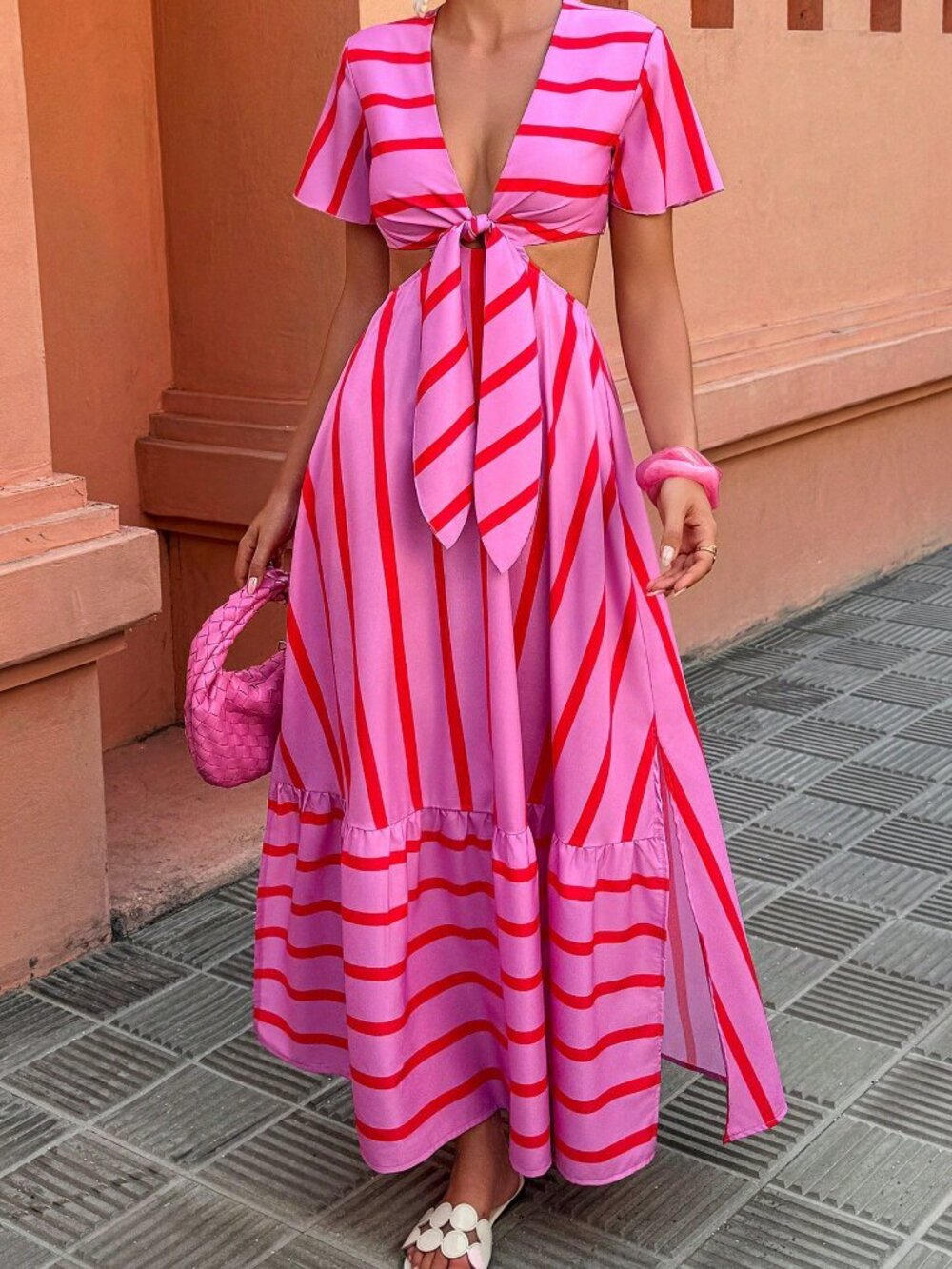 Multicolor Elegant Women's V-Neck Tie Waist A-Line Slit Dress - Picture 4 of 6